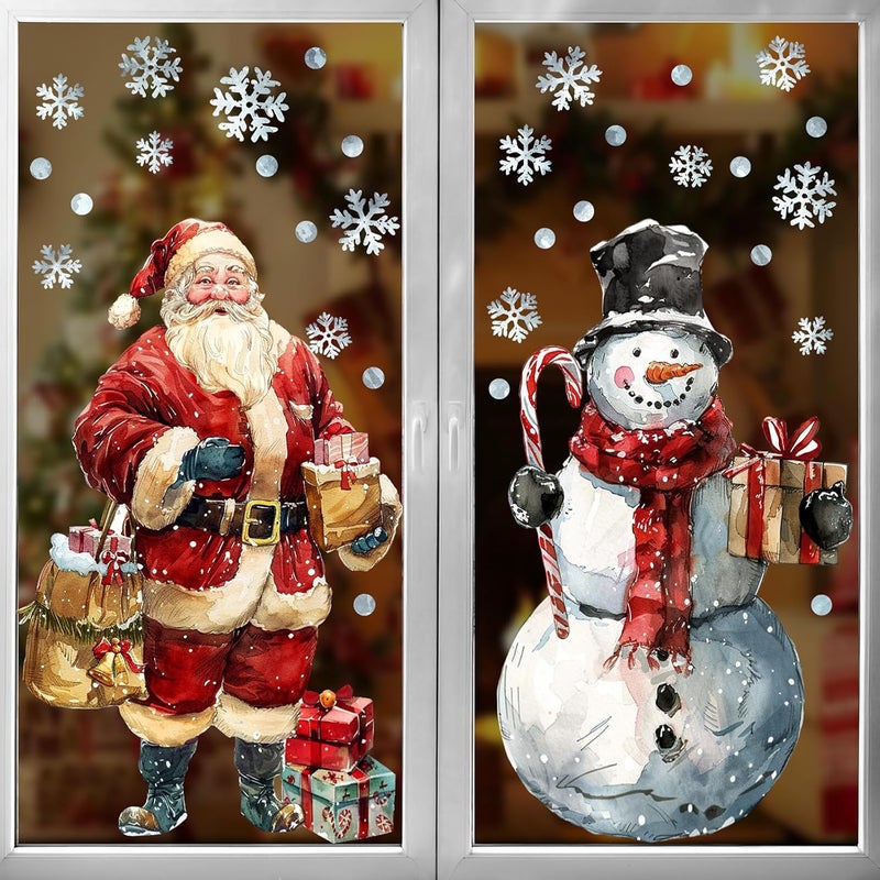Ivenf Christmas Window Clings Decorations: 2 Sheets Extra Large Santa Claus Snowman Window Clings with Snowflakes, Watercolor Rustic Xmas Stickers for Kids Home Office School Winter Holiday Décor - Image 1